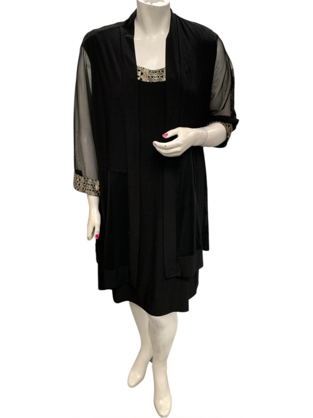 R&M Richards Black Two-Piece With Cardigan Evening Dress with Gold Trim Size 2X